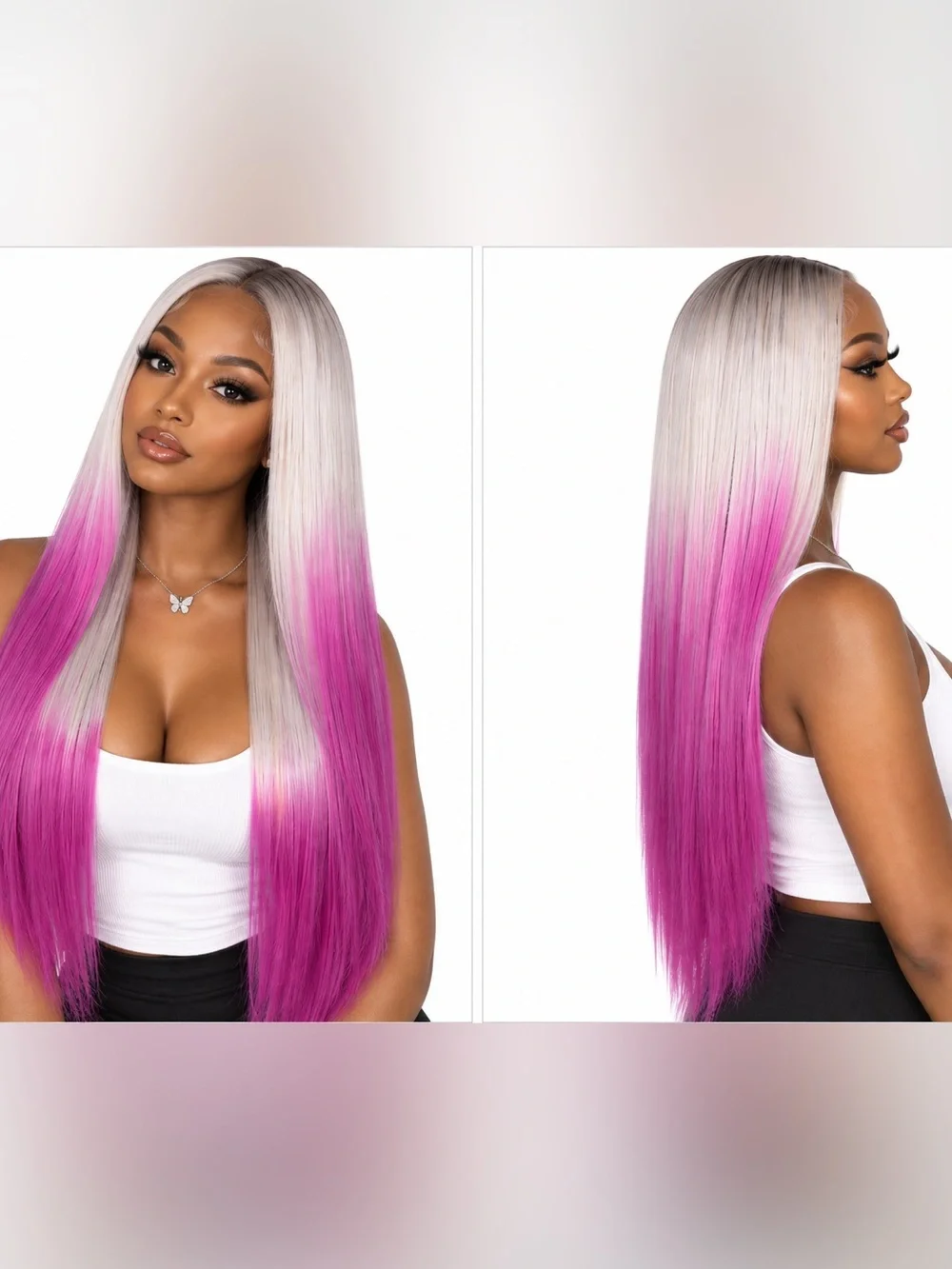 Long Straight Platinum to Vibrant Pink Ombre Wig - Women's Fashion Hair 26 inch